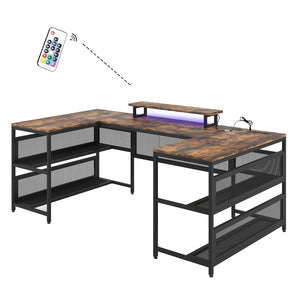 English Elm U Shaped Gaming Workstation with Led Lighting Monitor Shelf and Triple Surface Layout W578P149137