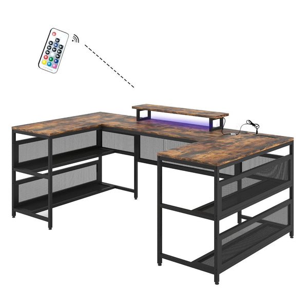 English Elm U Shaped Gaming Workstation with Led Lighting Monitor Shelf and Triple Surface Layout W578P149137