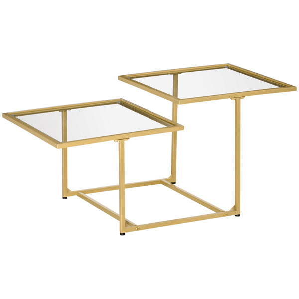 English Elm HOMCOM Gold Tempered Glass Coffee Table with Two Staggered Square Tops, Modern Stable Accent Table W2225P156093