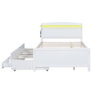 English Elm Full Full Size Platform Bed with LED Headboard, Storage Drawers & Twin Trundle, Solid Wood White GX000723AAK
