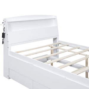 English Elm Full Full Size Platform Bed with LED Headboard, Storage Drawers & Twin Trundle, Solid Wood White GX000723AAK