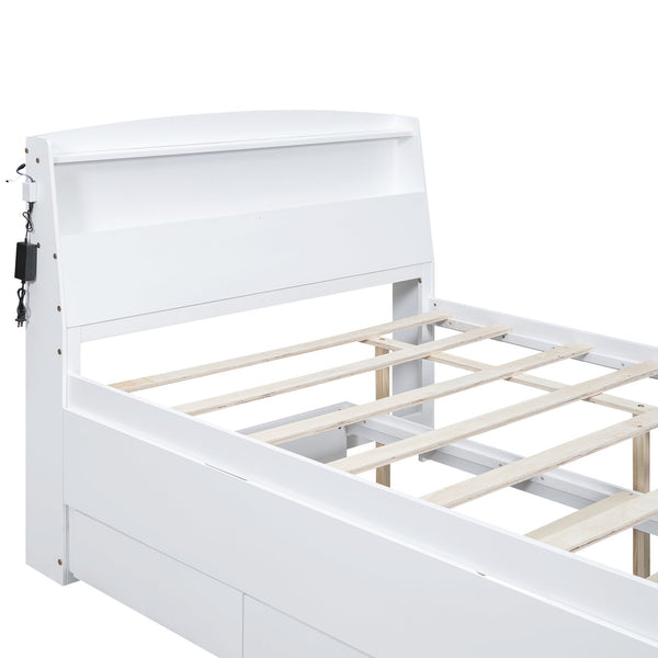 English Elm Full Full Size Platform Bed with LED Headboard, Storage Drawers & Twin Trundle, Solid Wood White GX000723AAK