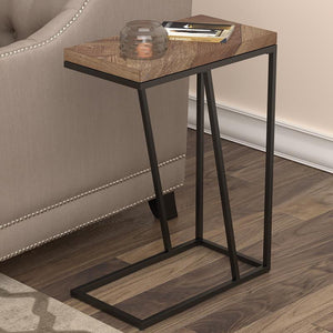 English Elm Rustic Tobacco Herringbone Accent Table with Sandy Black Metal Legs, Modern Angled Silhouette - 25"H B062P153914