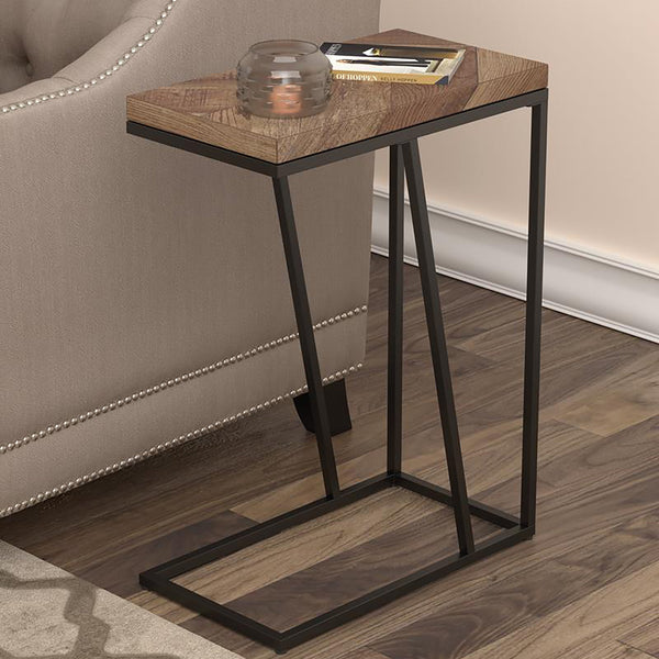 English Elm Rustic Tobacco Herringbone Accent Table with Sandy Black Metal Legs, Modern Angled Silhouette - 25"H B062P153914