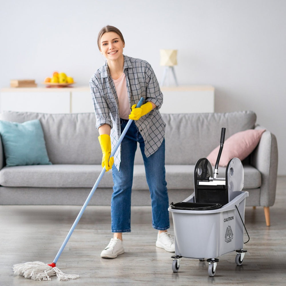 English Elm 5 Gallon Rolling Mop Bucket with Side Press Wringer Dual Chamber Separation on Wheels W2225P156066