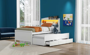 English Elm Twin Platform Bed with LED Headboard, Trundle & 3 Drawers White — Storage, Solid Wood Design GX000722AAK