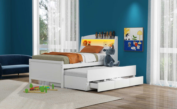 English Elm Twin Platform Bed with LED Headboard, Trundle & 3 Drawers White — Storage, Solid Wood Design GX000722AAK