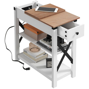 English Elm HOMCOM Compact Side Table with Charging Station, 2 USB + Outlet, 2-Tier Shelves & Cabinet Storage W2225P156069