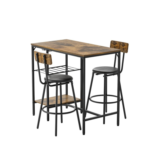 English Elm Bar Table Set 3 Piece Pub Dining with Pu Stools Iron Frame for Small Spaces W1903P149802