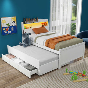 English Elm Twin Platform Bed with LED Headboard, Trundle & 3 Drawers White — Storage, Solid Wood Design GX000722AAK
