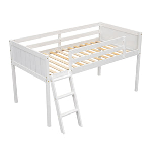 English Elm Twin Low Loft Bed with Ladder and Guardrails for Kids – Pine-MDF Durable Design, Safe Play Space White WF313084AAK