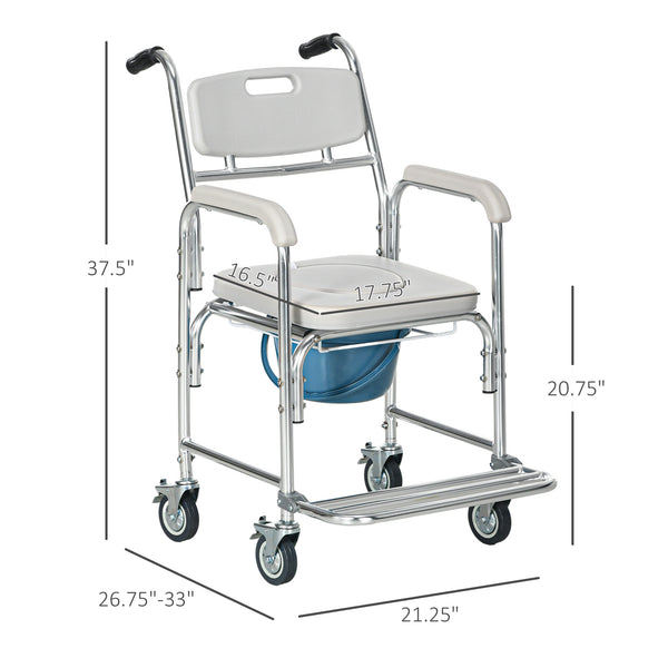 English Elm HOMCOM 3-in-1 Shower Commode Wheelchair with Padded Seat, Waterproof Aluminum Frame, 330 lb Capacity W2225P156080