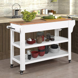 English Elm 57 Inch Rolling Kitchen Island With Storage,Kitchen Cart With Solid Oak Wood Top,Two-Sided Kitchen Island Cart On Wheels ,Wine and Spice Rack, Large Kitchen Cart With 2 Drawers, Milk White+Natural Top