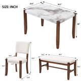 English Elm 4-Piece Modern Dining Furniture Set, 4-Person Space-Saving Dinette For Kitchen, 46" Faux Marble Style Table and 2 Upholstered Chairs & Bench With Wood Legs