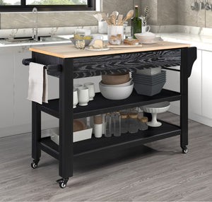 English Elm 57 Inch Rolling Kitchen Island With Storage,Kitchen Cart With Solid Oak Wood Top,Two-Sided Kitchen Island Cart On Wheels , Wine and Spice Rack, Large Kitchen Cart With 2 Drawers, Black+Natural Top