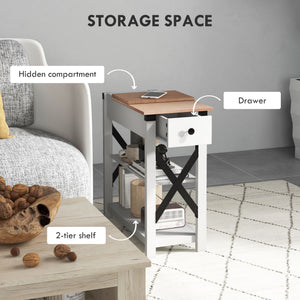 English Elm HOMCOM Compact Side Table with Charging Station, 2 USB + Outlet, 2-Tier Shelves & Cabinet Storage W2225P156069