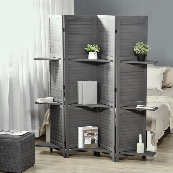 English Elm Homcom 4-Panel Folding Room Divider With Shelves - Stylish Gray Privacy Screen For Bedroom & Office W2225P156079