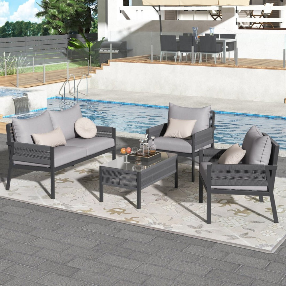 English Elm K&k Outdoor 4 Piece Rope Woven Patio Set with Tempered Glass Table Deep Cushions Grey SK000003AAG
