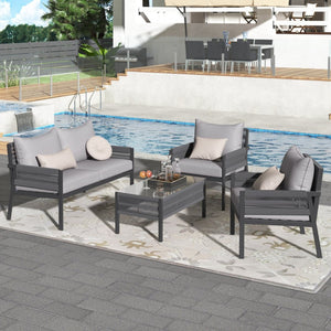 English Elm K&k Outdoor 4 Piece Rope Woven Patio Set with Tempered Glass Table Deep Cushions Grey SK000003AAG