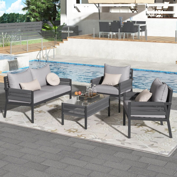 English Elm K&k Outdoor 4 Piece Rope Woven Patio Set with Tempered Glass Table Deep Cushions Grey SK000003AAG
