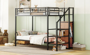 English Elm Twin Metal Bunk Bed with Built-In Desk, Lateral Storage Ladder and Under-Ladder Wardrobe Space-saving design for kids and teens Black MF315578AAB