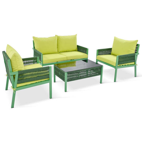 English Elm K&k Outdoor 4 Piece Rope Woven Patio Set with Tempered Glass Table Deep Cushions Green SK000003AAE