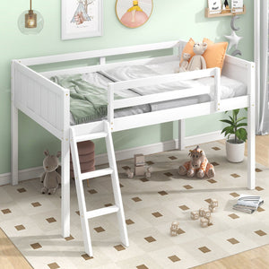 English Elm Twin Low Loft Bed with Ladder and Guardrails for Kids – Pine-MDF Durable Design, Safe Play Space White WF313084AAK