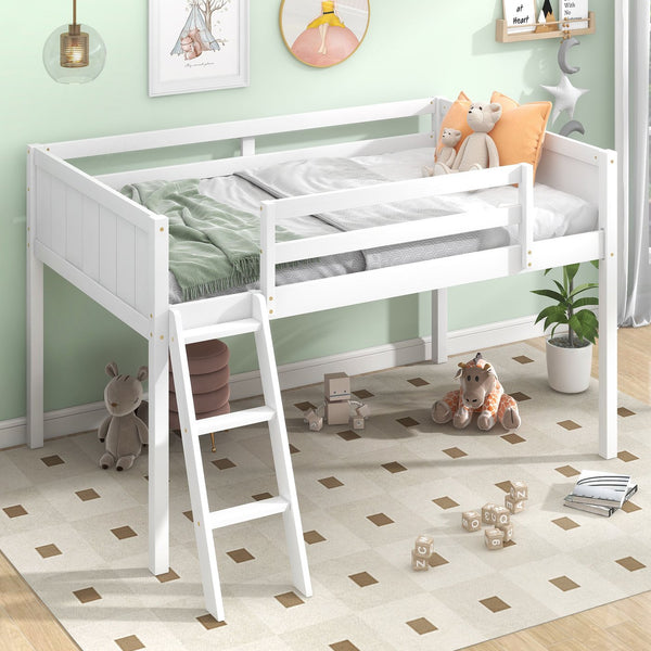 English Elm Twin Low Loft Bed with Ladder and Guardrails for Kids – Pine-MDF Durable Design, Safe Play Space White WF313084AAK