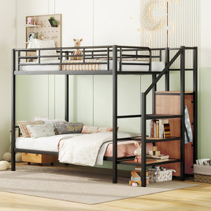 English Elm Twin Metal Bunk Bed with Built-In Desk, Lateral Storage Ladder and Under-Ladder Wardrobe Space-saving design for kids and teens Black MF315578AAB