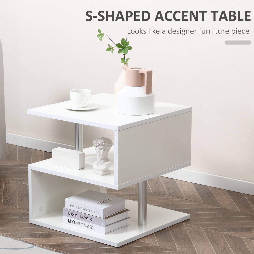 English Elm HOMCOM S-Shaped 3-Tier Modern End Table with Steel Poles, Storage Shelves, Lightweight White Finish W2225P156084