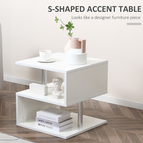 English Elm HOMCOM S-Shaped 3-Tier Modern End Table with Steel Poles, Storage Shelves, Lightweight White Finish W2225P156084