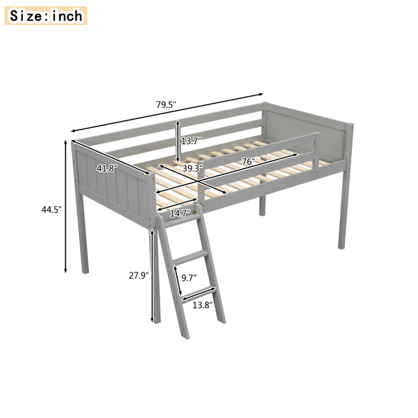 English Elm Twin Low Loft Bed with Ladder and Guardrails for Kids – Pine-MDF Durable Design, Safe Play Space Gray WF313084AAE