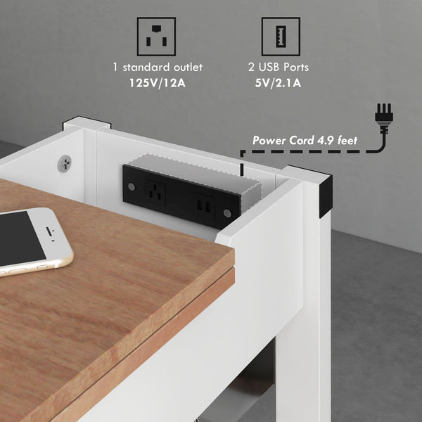 English Elm HOMCOM Compact Side Table with Charging Station, 2 USB + Outlet, 2-Tier Shelves & Cabinet Storage W2225P156069