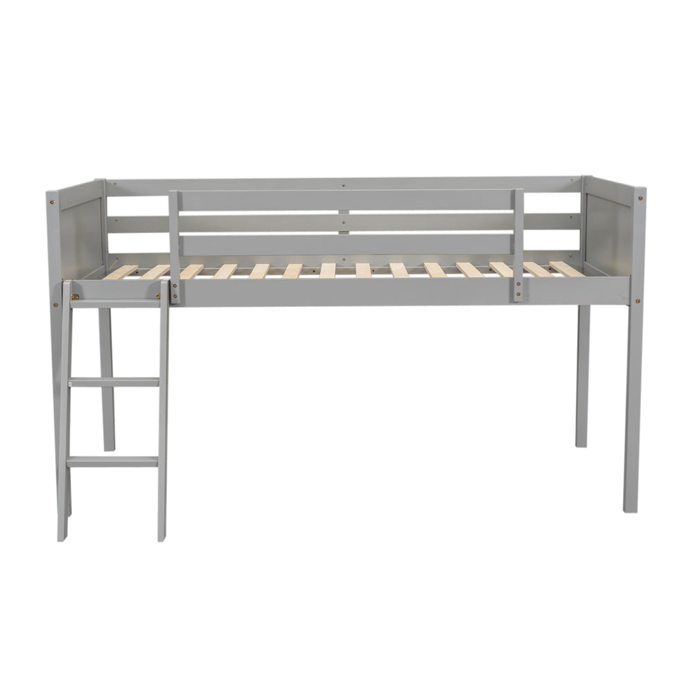 English Elm Twin Low Loft Bed with Ladder and Guardrails for Kids – Pine-MDF Durable Design, Safe Play Space Gray WF313084AAE
