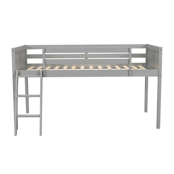 English Elm Twin Low Loft Bed with Ladder and Guardrails for Kids – Pine-MDF Durable Design, Safe Play Space Gray WF313084AAE