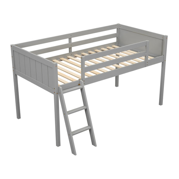 English Elm Twin Low Loft Bed with Ladder and Guardrails for Kids – Pine-MDF Durable Design, Safe Play Space Gray WF313084AAE