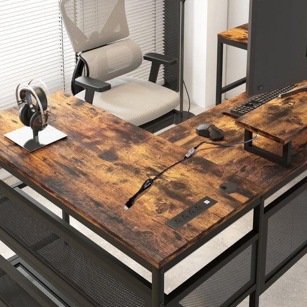 English Elm U Shaped Gaming Workstation with Led Lighting Monitor Shelf and Triple Surface Layout W578P149137