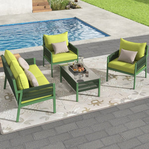 English Elm K&k Outdoor 4 Piece Rope Woven Patio Set with Tempered Glass Table Deep Cushions Green SK000003AAE