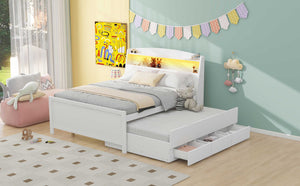 English Elm Full Full Size Platform Bed with LED Headboard, Storage Drawers & Twin Trundle, Solid Wood White GX000723AAK