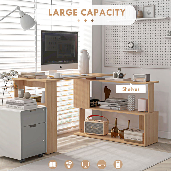 English Elm HOMCOM Modern L-Shaped Corner Desk with 360° Rotating Shelves, Space-Saving Workstation, Maple Finish W2225P156068