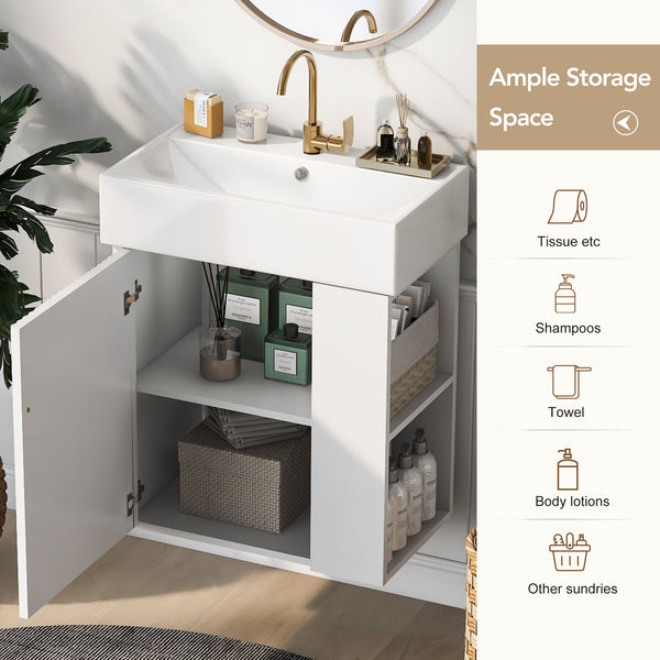 English Elm 21.6inch Modern Floating Bathroom Vanity with Ceramic Basin, Wave Door, Rose Gold Handle, Right Side Storage and Soft-Close Design WF318757AAK