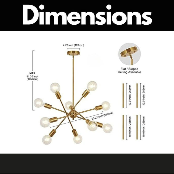 English Elm Modern Sputnik 10-Light Chandelier Chrome with Adjustable Arms, Dimmable, G25/G30 Compatible, Sloped Ceiling Adapter B130P152407