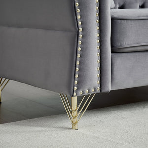 English Elm 60.2" Chesterfield Sofa Elegant Beige Velvet 2-Seater Tufted Couch with Metal Legs, Nailhead Trim for Living Room Grey W834S00175