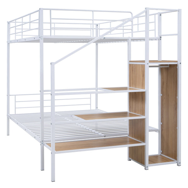English Elm Full Metal Bunk Bed with Desk, Lateral 3-Tier Ladder Shelves and Under-Ladder Wardrobe for Space-Saving Teens White SF000083AAK