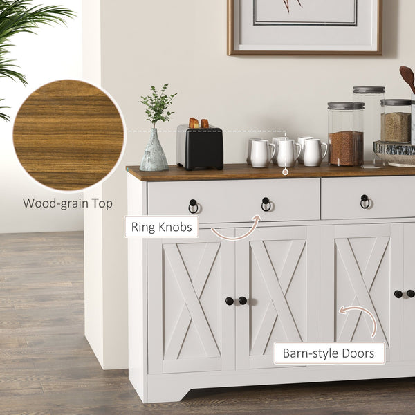 English Elm HOMCOM Farmhouse Sideboard Buffet Cabinet with 2 Drawers, 4 Barn Doors, Adjustable Shelves, White Wood Grain Top W2225P156095