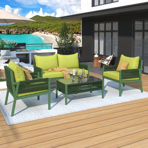 English Elm K&k Outdoor 4 Piece Rope Woven Patio Set with Tempered Glass Table Deep Cushions Green SK000003AAE