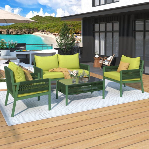 English Elm K&k Outdoor 4 Piece Rope Woven Patio Set with Tempered Glass Table Deep Cushions Green SK000003AAE