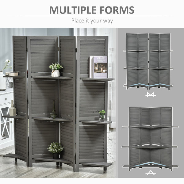 English Elm Homcom 4-Panel Folding Room Divider With Shelves - Stylish Gray Privacy Screen For Bedroom & Office W2225P156079