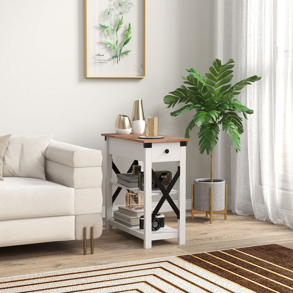 English Elm HOMCOM Compact Side Table with Charging Station, 2 USB + Outlet, 2-Tier Shelves & Cabinet Storage W2225P156069