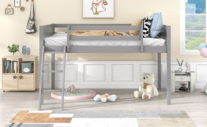English Elm Twin Low Loft Bed with Ladder and Guardrails for Kids – Pine-MDF Durable Design, Safe Play Space Gray WF313084AAE